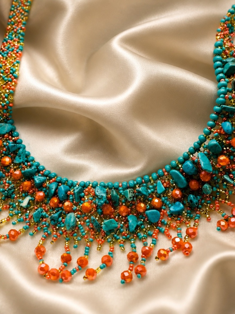 Turquoise & Coral Fringe Statement Necklace Set